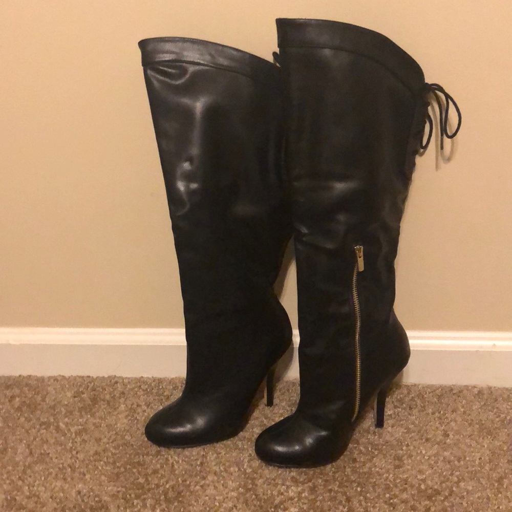 Black leather knee high boots
